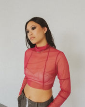 Load image into Gallery viewer, Photo: Westside Top by TOO CRUEL TO BE KIND | Long sleeve designer mesh top with panelled bodice and sleeves, and raw hems throughout. Made in New Zealand from 100% deadstock nylon. Model is UK 8, and wears a size small (S) for a close fit.
